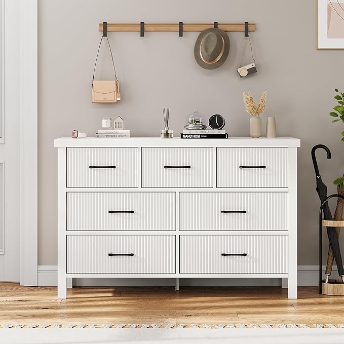Fluted 7 Drawers Dresser for Bedroom, Modern Chest of Drawers with Metal Handle, Wood Dresser TV Stand, Wooden Closet Clothes Storage Organizer for Living Room, Hallway (White)