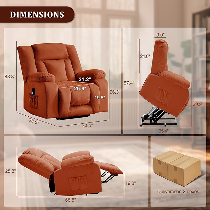 Oversized Dual Motor Power Lift Recliner for Adults, Electric Lift Chair with Heating and Massage, Waffle Fabric Electric Recliner Chair with Side Pockets, Wide Recliner for Living Room