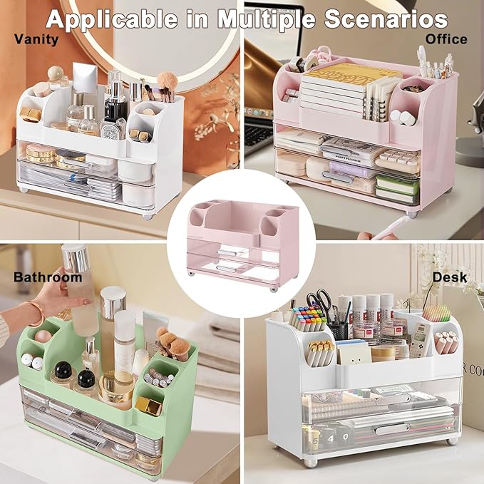 DASITON Large Capacity Makeup Organizer for Vanity with 2 Drawers, Skincare Organizers with Makeup Brush Holder, Cosmetic Display Case for Dresser Vanity Bathroom Countertop (Pink)