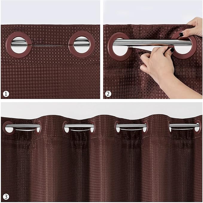 MitoVilla No Hooks Required Extra Long Shower Curtain Set with Snap-in Liner, 86 inch XL Brown Waffle Heavyweight Fabric Cloth Shower Curtains for Modern Luxury Hotel & Spa Bathroom Decor