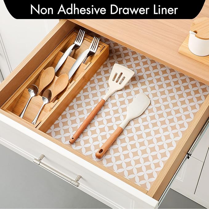 Cooyes Shelf Liner for Kitchen Cabinets – Non-Adhesive Waterproof EVA Liner for Drawers and Cabinets – Durable, Easy-to-Cut Shelf Paper with Modern Pattern