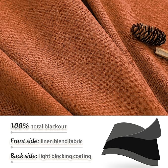 Linen 100% Blackout Curtains 144 Inch Length for Living Room Bedroom Rod Pockets/Back Tab Thermal Insulated Linen Drapes 2 Panels Set Room Darkening Window Curtains 12 FT Long Terracotta