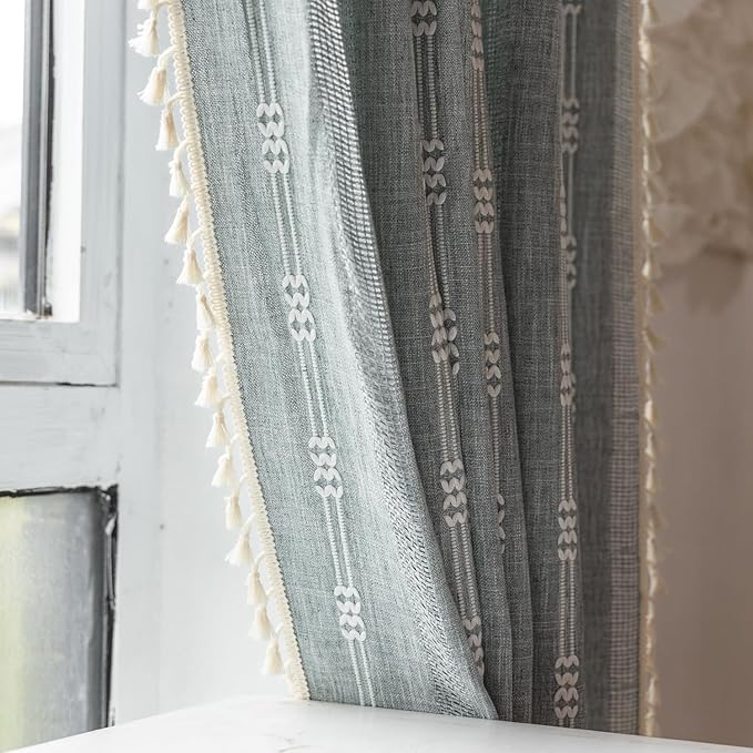 Boho Embroidery Striped Farmhouse Curtains - 84 Inch Long, 2 Panel Set, Blue Linen, Tassel, Semi-Blackout for Bedroom & Living Room (52" W x 84" L)