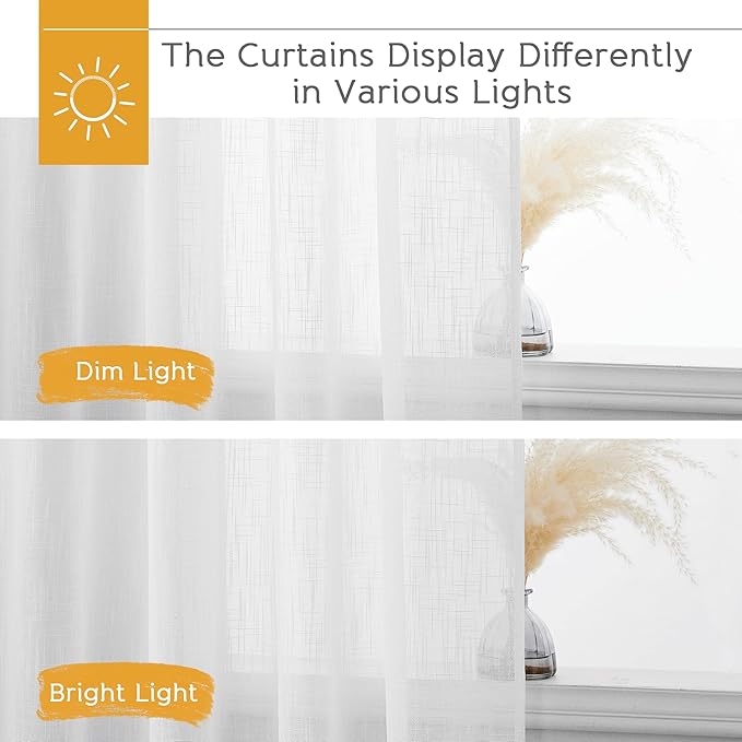 RYB HOME Sheer Linen Textured Curtains Semi Sheers Drapes Light Airy Breathable Fabric Window Decor for Patio Door Living Room Dining, White, 70 inch Width x 95 inch Length, 2 Panels