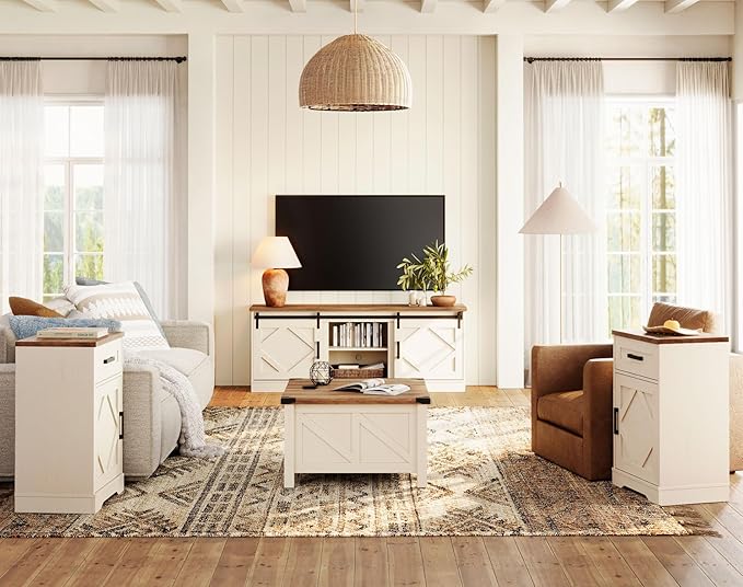 WAMPAT Modern Farmhouse TV Stand for TVs up to 75 inch with Sliding Barn Door,Wood Entertainment Center with Adjustable Media Storage Shelf for Living Room, Cream White