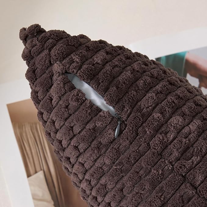 Kevin Textile Decorative Pillow Covers Set of 2 Striped Plush Corduroy Pillows Pillowcases Boho Home Decor Cushion Covers for Couch Sofa Bed Living Room 18x18 Inch, Coffee