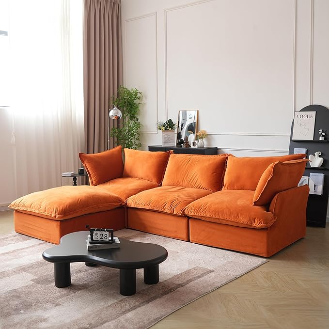 JACH L-Shaped Modular Couches, Deep Seat Sectional Couch with Chaise Ottoman, Modern Comfy Cloud Sectional Sofas, Cushion Covers Removable, Two Corners and A Middle Sofa for Living Room (Orange)