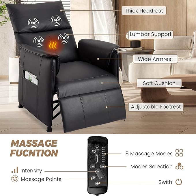 GarveeHome Elertric Recliner Chair with Massage and Heat, Adjustable Single PU Leather Recliners Sofa with Remote Control Home Theater Seating ＆Armchair for Living Room/Office (Leather, Black)
