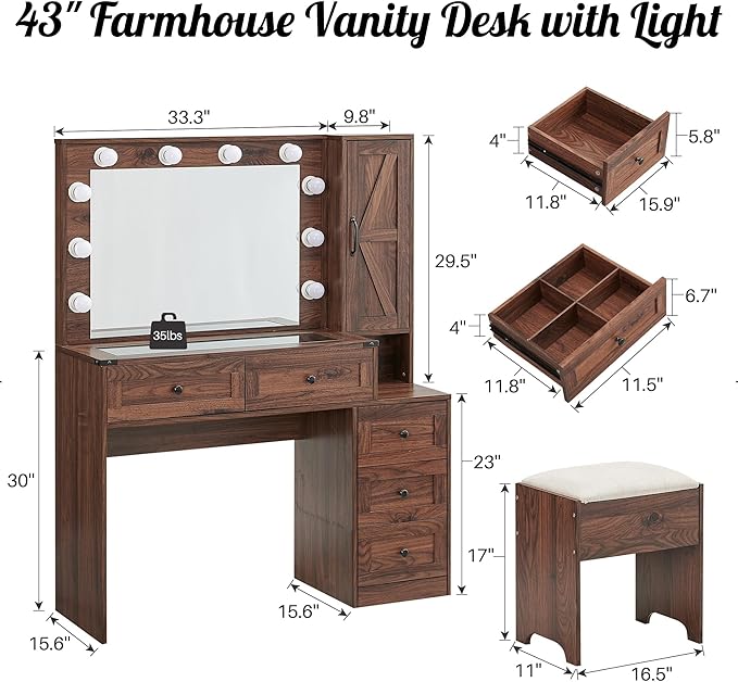 Farmhouse Vanity Desk with Mirror and Lights, 43" Wide Makeup Vanity with Glass Tabletop and Charging Station, Modern Vanity Table Set with Storage and Stool for Bedroom, Brown