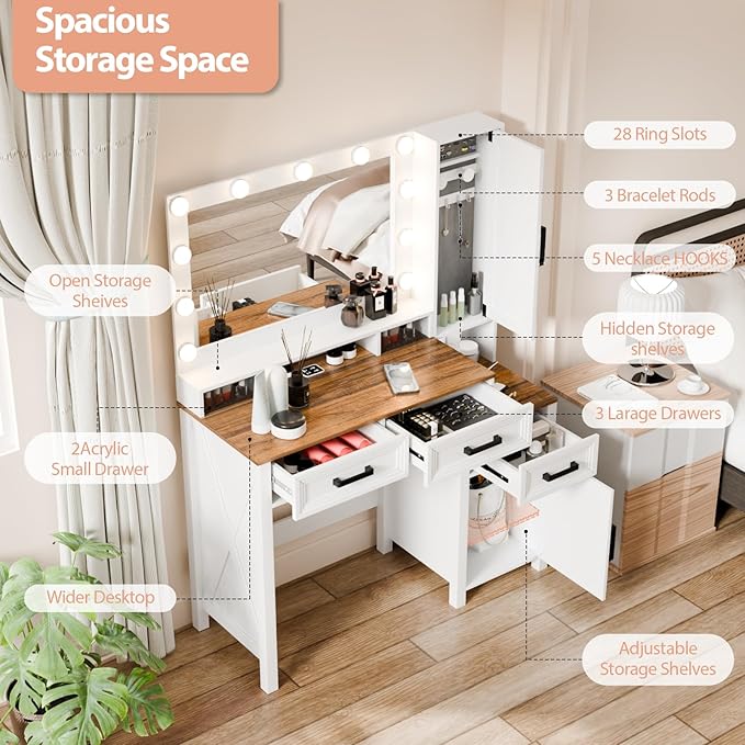 Farmhouse Makeup Vanity, Vanity Desk with Square Mirror, Tricolor Lighting Adjustment & Built-in Charging Station, Multi-Functional Wood Vanity with 2 Drawers & Open Storage Space, White
