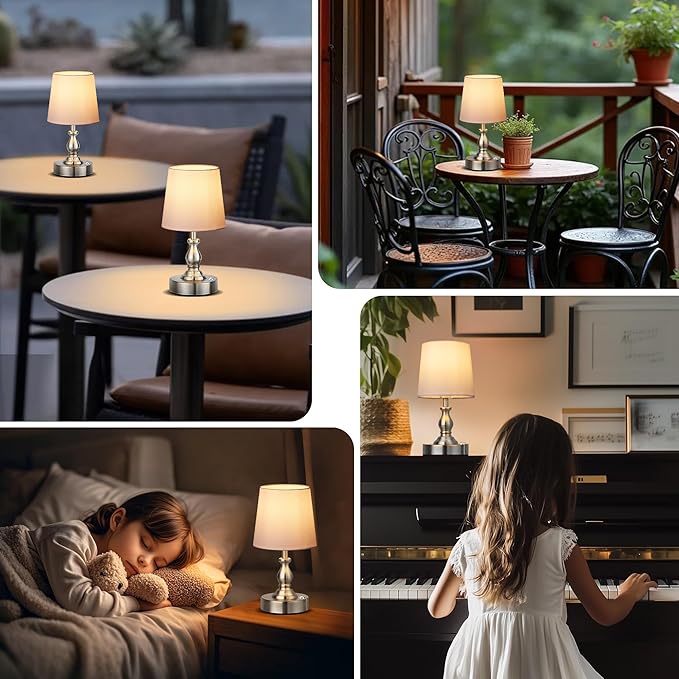 PARTPHONER Mini Cordless LED Table Lamp, 5200mAh Rechargeable Battery Operated Lamp, 3-Level Brightness, Touch Dimmable Desk Lamp, Bedside Night Light for Patio Camping Restaurant Home, Brushed Nickel