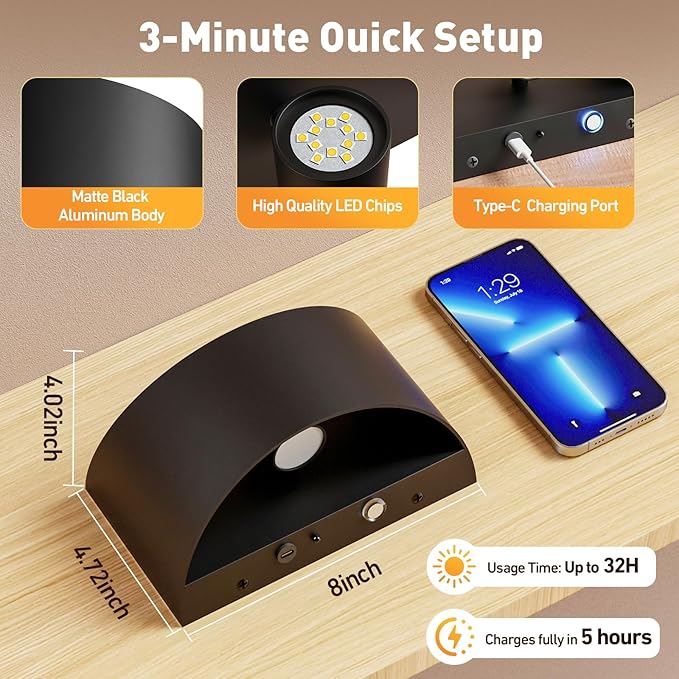 VOLISUN No Hardwired Wall Sconces, Modern Wall Sconces Battery Operated with Remote, 3000K-6500K Dimmable LED Wall Lamps, Wireless Wall Lights for Bedroom, Living Room, Hallway, Corridor(2 Pack)