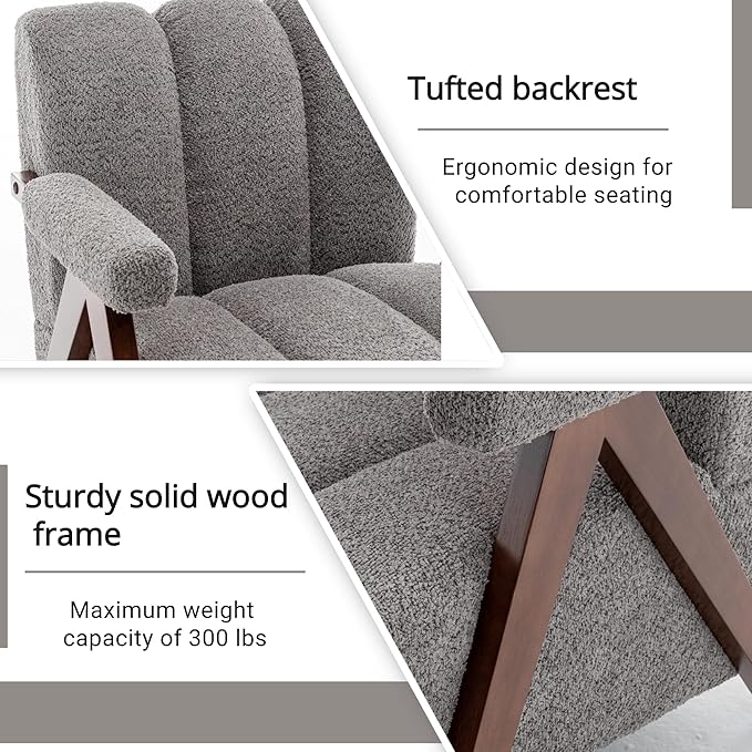 Mid Century Modern Accent Chair with Solid Wood Frame, Boucle Upholstered Living Room Chairs with Thick Cushion, Comfy Tufted Arm Chair for Bedroom, Grey
