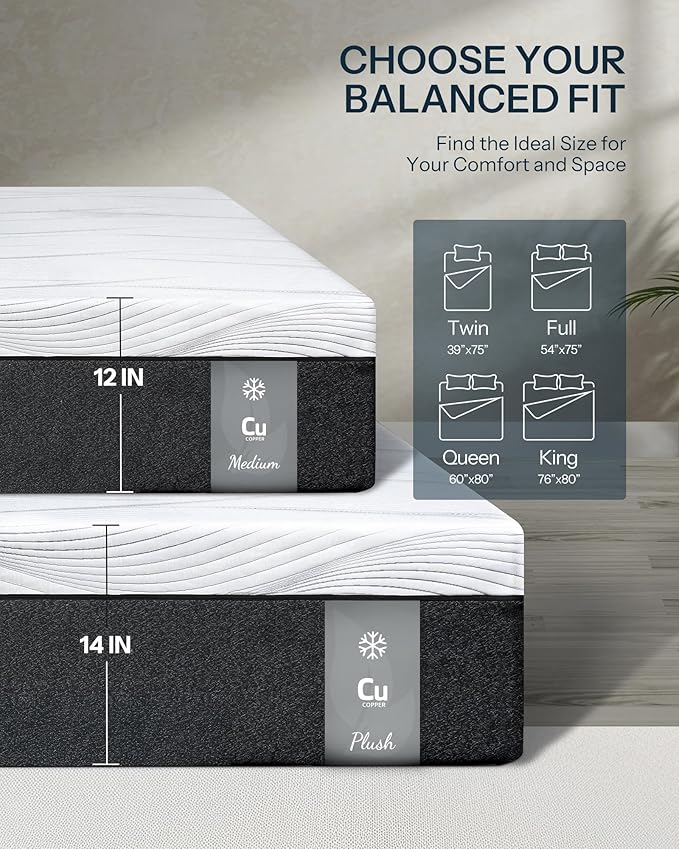 Life Balance Full Hybrid Mattress 12 Inch, Made in USA, Medium, Individual Pocket Coils & Copper Gel Memory Foam， Hypoallergenic & Odorless, Motion Isolation & Pressure Relief, Mattress in a Box