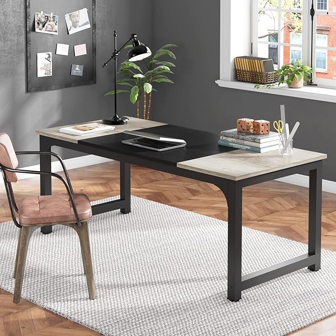 Tribesigns Modern Computer Desk, 70.8 x 31.5 inch Large Office Desk Computer Table Study Writing Desk Workstation for Home Office, Black Metal Frame, Grey Oak