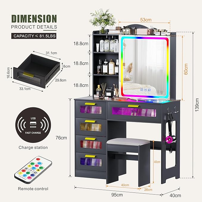 Vanity Desk with Sliding Vanity Mirror and RGB Lights,Makeup Vanity Desk with Charging Station,LED Vanity Table with Hidden Storage,Dressing Table Set with Stool&5 Drawers for Bedroom,Black