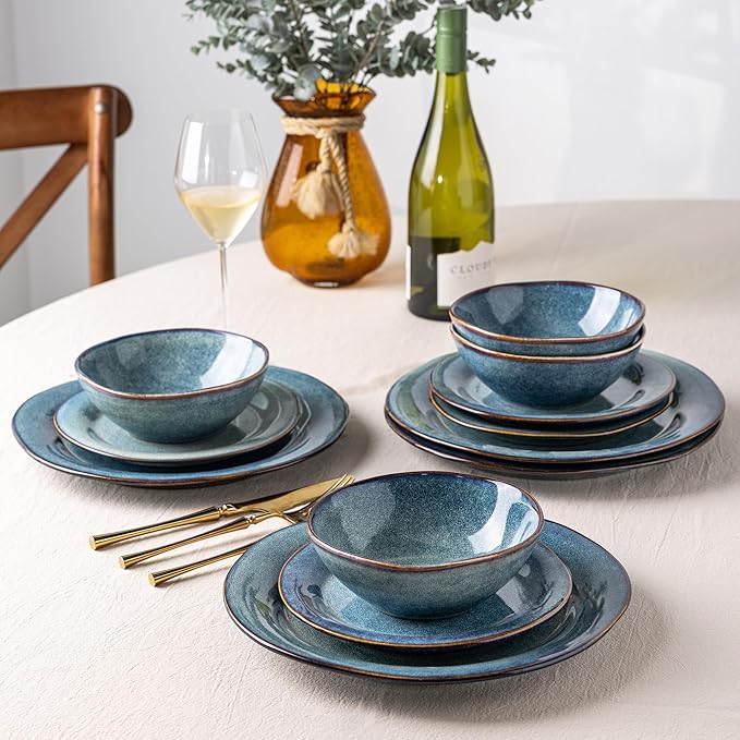 AmorArc Ceramic Dinnerware Sets, Handmade Stoneware Reactive Glaze Plates and Bowls Set, Scratch Resistant | Dishwasher & Microwave Safe Dishes Set, Service for 4 (12pc)