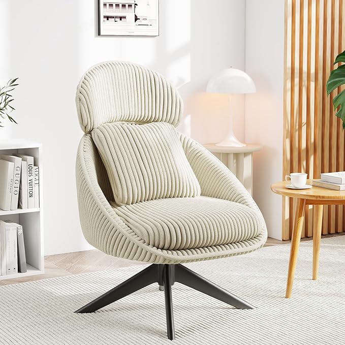 Furniliving Modern Accent Chair Upholstered Swivel Desk Chair for Living Room, Sofa Chair for Bedroom Armchair Side Chair with Headrest Bedroom Chair with Pillow Comfy Corduroy Chairs, Beige