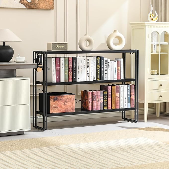 HCHQHS Bookshelf, 3-Tier Industrial Bookcase, Black Open Book Shelf, Freestanding Horizontal Bookshelves with Metal Frame