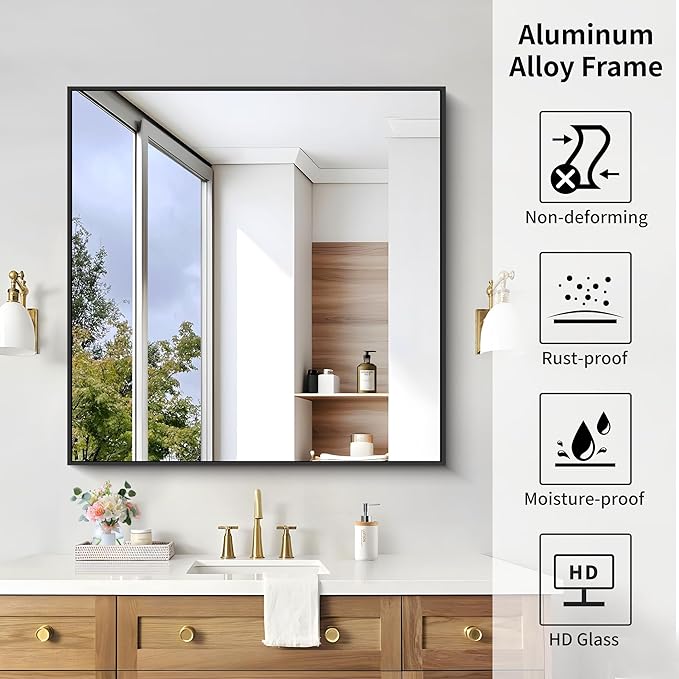 KOCUUY 36x36 Inch Large Black Wall Mounted Mirror,Aluminum Framed Decorative Rectangular Bathroom Mirror for Wall Over Sink,Vanity Mirror for Bedroom Living Room Bathroom,Functional Oversized Mirror
