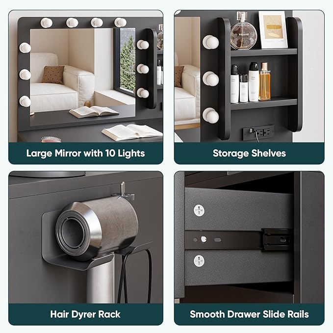 Semiocthome Makeup Vanity Desk with Mirror and Lights, Vanity Table with Power Outlet, Shelves, 2 Drawers, and Metal Frame, 3 Lighting Modes & Adjustable Brightness Dressing Table with Chair - Black