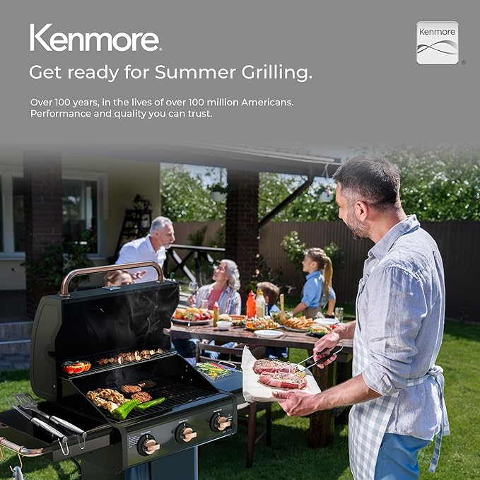 Kenmore 3-Burner Gas Grill | Foldable Side Tables, Cast Iron Cooking Grates, Warming Rack, Hooks for BBQ Grilling Tools, Propane Gas Barbecue Grill, 30,000 BTUs, Black with Copper Accent