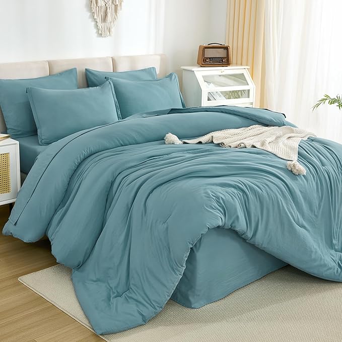 Litanika Oversized King Comforter Sets Grayish Teal - 7 Pieces Bed in a Bag Oversized King Bedding Comforter Sets, Solid Lightweight Bed Set with Comforter, Sheets, Pillowcases & Shams