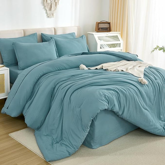 Litanika King Size Comforter Set Grayish Teal - 7 Pieces Bed in a Bag King Bedding Comforter Sets, Solid Lightweight Bed Set with Comforter, Sheets, Pillowcases & Shams