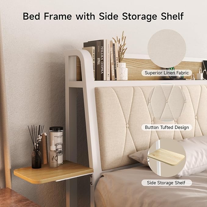 King Size Bed Frame with Side Storage Shelf, Ergonomic Upholstered Headboard with Charging Station, King Platform Bed Frame, Metal Slats Support, No Box Spring Needed, Easy Assembly, White