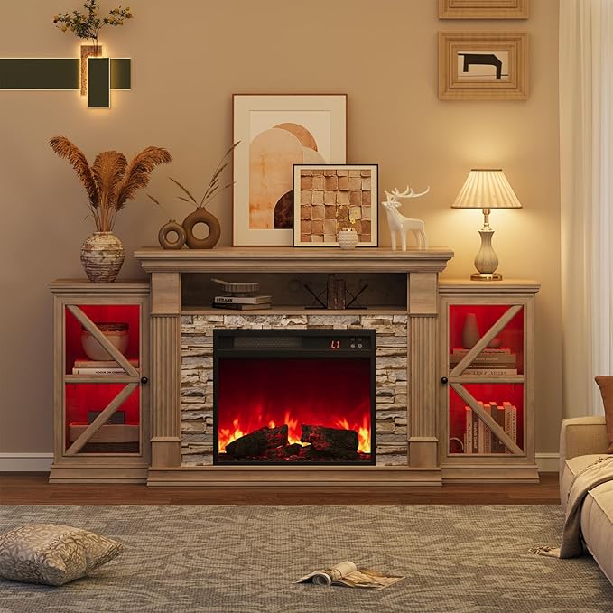 QUW Electric Fireplace TV Stand, 70" Farmhouse Entertainment Center with Open Shelf and Glass Barn Door Cabniet, Modern TV Console Table with 7 Flame Colors for Living Room, Grey