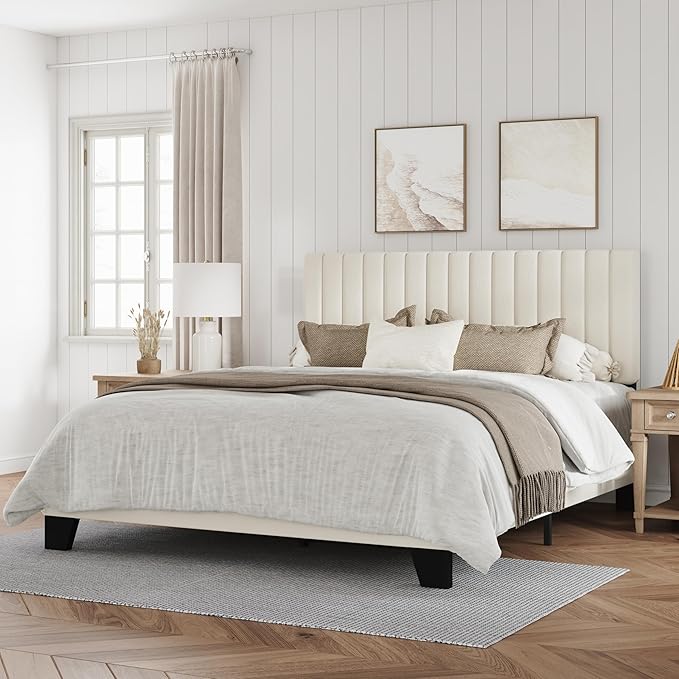 Queen Size Bed Frame, Velvet Upholstered Platform Bed with Adjustable Tufted Headboard, Sturdy Frame and Slats, Noiseless, No Box Spring Required, Easy to Assemble, Beige