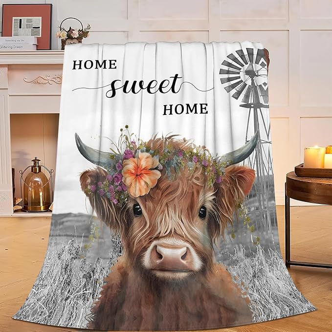 Highland Cow Blanket Soft Cozy Cattle Fleece Plush Throw Blanket Warm Lightweight Cute Farm Animal Stuff Decor Flannel Blanket Gifts for Girls Boys Lovers Adults Women Men Bed Travel 50"x60"