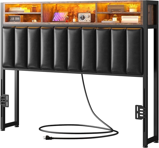 EnHomee Headboard Queen Size with Charging Port, Queen Headboard with LED Light, Headboard Only with Storage Shelf, Upholstered for Bedroom