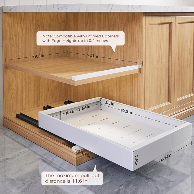 2 Pack Pull Out Cabinet Organizers 21" Deep With Raising Pad for Framed Cabinets, Expandable Width (9"-14") Slide Out Drawers Upgrade 3 Slide Rails, Roll Out Shelves Adhesive, White
