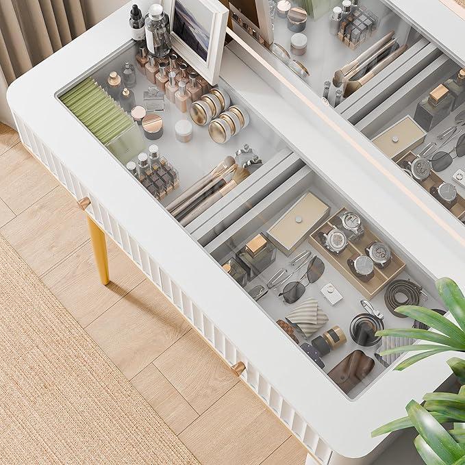 Fluted Vanity Desk with 36" Mirror and Lights, Makeup Vanity Desk with Glass Top, Dressing Table with 5 Drawers & Shelves, Wood Vanity Table for Bedroom(White)