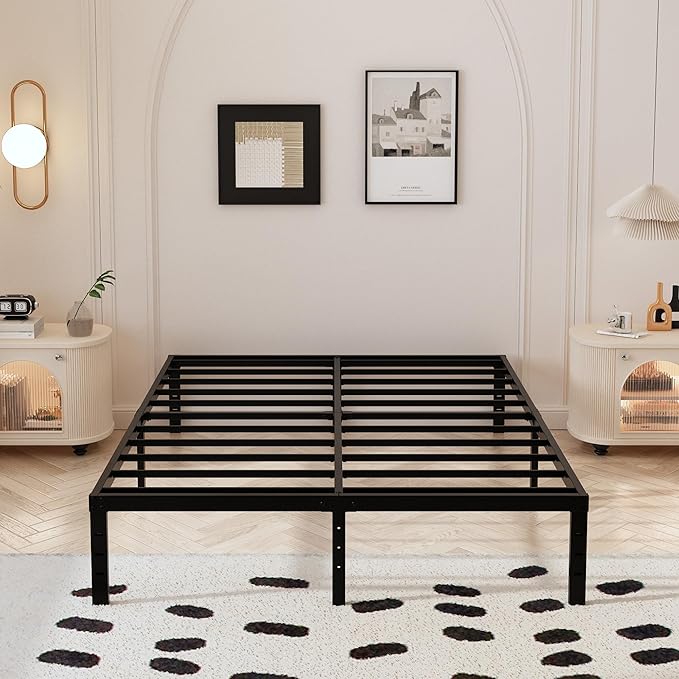 14 Inch King Size Bed Frame with White Fabric Cover, Heavy Duty King Platform Bed Frame Support Up to 3000 lbs, No Box Spring Needed, Easy Assembly, Noise Free, Black