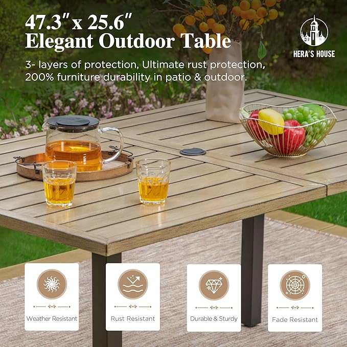 HERA'S HOUSE 7-Piece Outdoor Dining Set for 6, 60" Weather-Resistant Metal Patio Table with 6 Foldable Black Chairs, Perfect for Garden, Backyard, Porch & Lawn (Space-Saving Design)