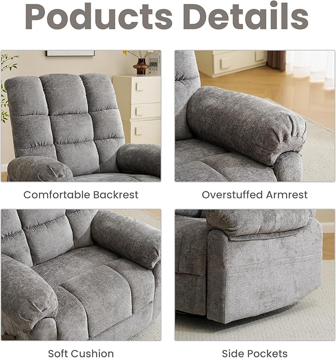 Oversized Swivel Rocker Recliner with Massage and Heat, 26" Extra Wide Manual Recliner for Adults & Big Man, Overstuffed Rocking Chair with High Back for Living Room, Grey Chenille
