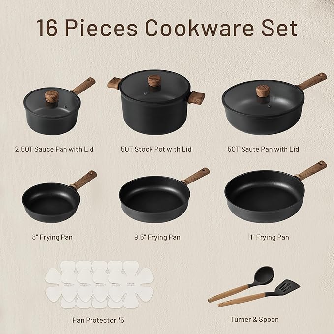CAROTE Nonstick Pots and Pans, Induction Cookware Set 16pcs Kitchen Cooking Sets, Pot and Pan Non Stick w/Frying pan (PFOS, PFOA Free)