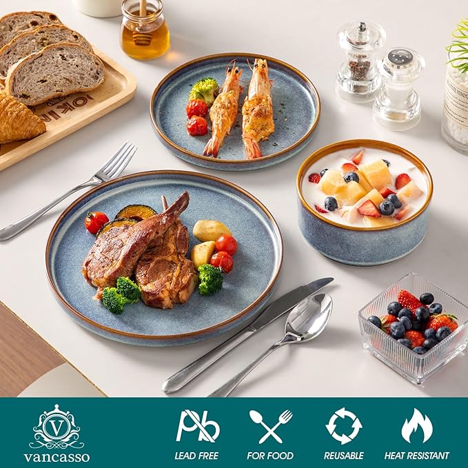 vancasso ONION Ceramic Plates and Bowls Sets, 18 Pieces Blue Dinnerware Sets for Kitchen, Reactive Glaze Dishes Set for 6, Dishwasher and Microwave Safe