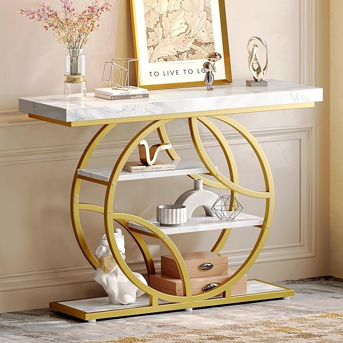 Huuger 41.3 Inch Entryway Table with Marble Top, Modern Console Sofa Table, Accent Table with Shelves, for Entry, Hallway, Entrance, Foyer, O-Shaped Metal Frame, White Marble & Gold