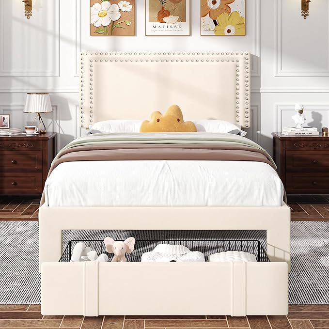 VECELO Twin Platform Bed Frame with Storage Drawer, Adjustable Velvet Rivet Headboard, Wooden Slats Support, No Box Spring Needed, Easy Assembly