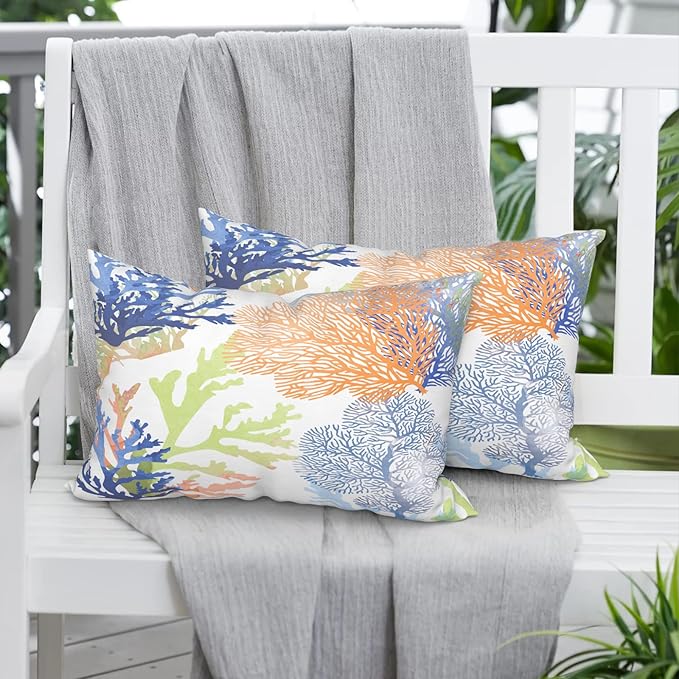 Pack of 2 Outdoor Lumbar Pillow Covers, All Weather Cushion Pillow Cases 12x20 Inch, Pillowcase for Patio Couch Decoration, Coral Multi