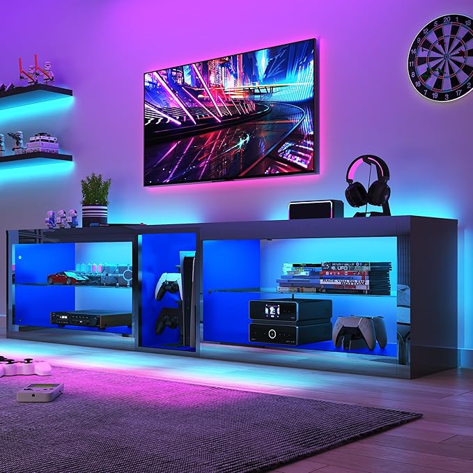 Vinctik 6&Fox 80in High Gloss LED TV Stands w/Power Outlet,60,000-Colors Lighting for 80 85 90inch TV,Modern Black LED Entertainment Center w/Adjustable Glass Shelves for Living Room