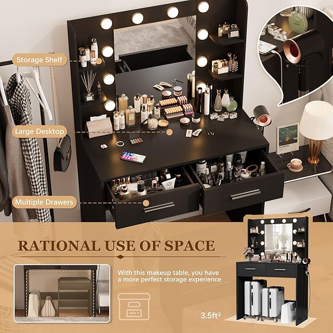 Furmax Make up Vanity Desk with Mirror and Power Outlet, Vanity with 3 Color Light Options Adjustable Brightness,Vanity Desk with 2 Drawers, 6 Storage Shelves (Black, No Bench)