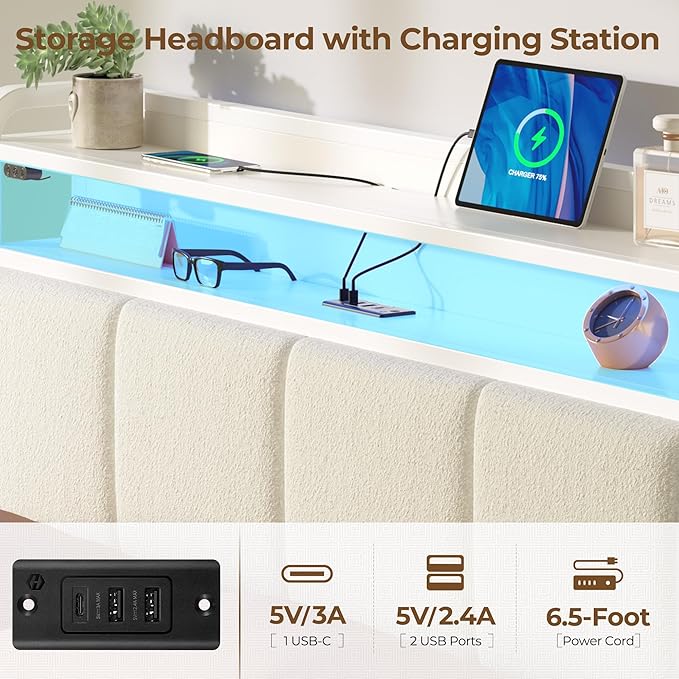 Rolanstar Bed Frame Full Size with Charging Station and LED Lights, Upholstered Storage Headboard with Drawers, Heavy Duty Metal Slats, No Box Spring Needed, Noise Free, Easy Assembly, White