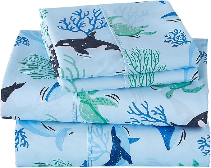 Viviland 4 Pieces Boys Blue Ocean Full Sheet Set - Soft Microfiber Fitted Flat Sheets & Pillowcases - Blue Ocean Whales, Sea Turtles, Marine Organisms Bedding Sets - for Kids & Toddlers