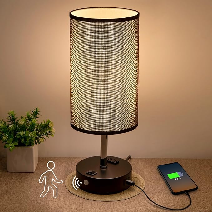 Table Lamps with Motion Sensor and Constant on Two Modes, USB Lamp with Warm White Bulb, Fabric Shade, Built-in USB Port & AC Outlet - Bedside Table Lamp for Bedroom or Living Room