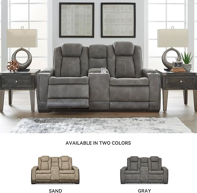 Signature Design by Ashley Next-Gen DuraPella Modern Faux Leather Power Reclining Loveseat with Console & Adjustable Headrest, Gray