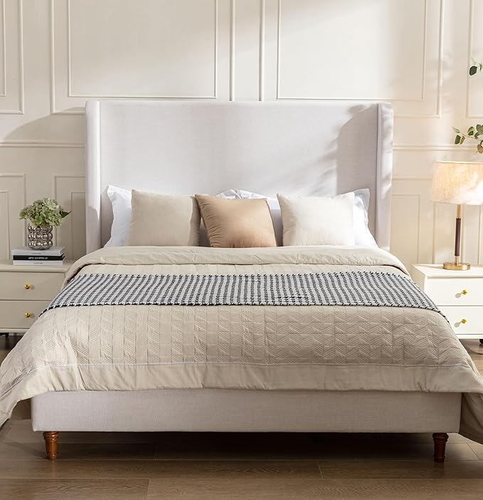 Queen Bed Frame with 54" Tall Wingback Headboard, Chenille Upholstery, Metal and Wood Support, Solid Wood Feet, Box Spring Required (Ivory White Chenille, Queen)